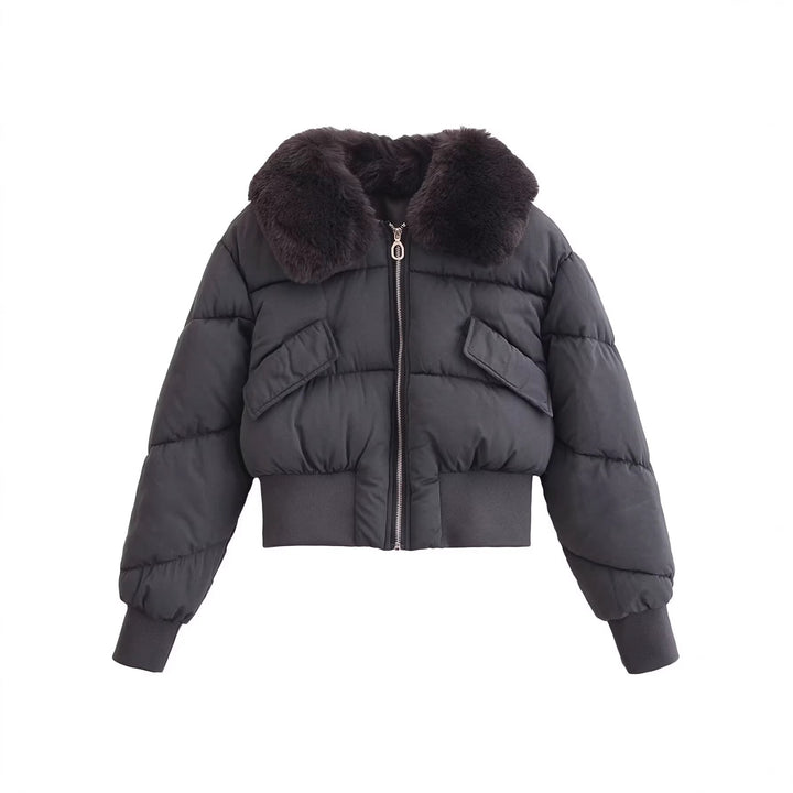 Women short-cut quilted bomber jacket with extra large faux fur collar and tailored ribbed waistband Mune Fashion