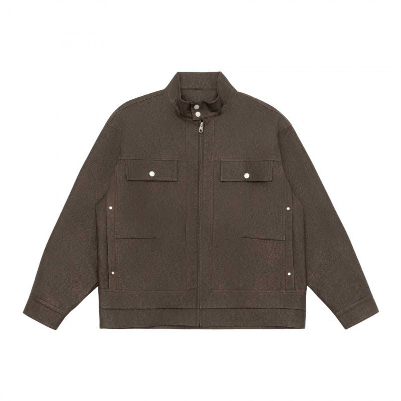 Unisex Boxy Shirt Jacket in Worker Style with Stand Collar, Front Zipper and Flap Pockets Mune Fashion