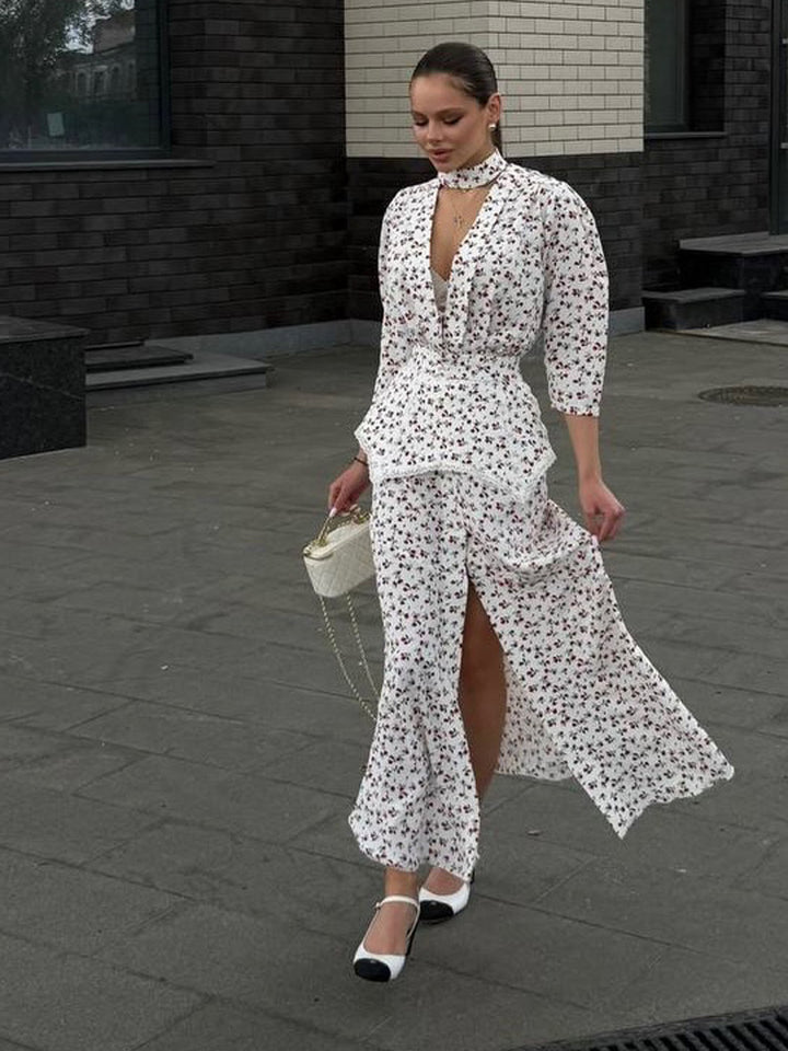 Women's Two-Piece Blouse Set with Deep V-Neck, Tailored Peplum, and Wide Palazzo Trousers Mune Fashion
