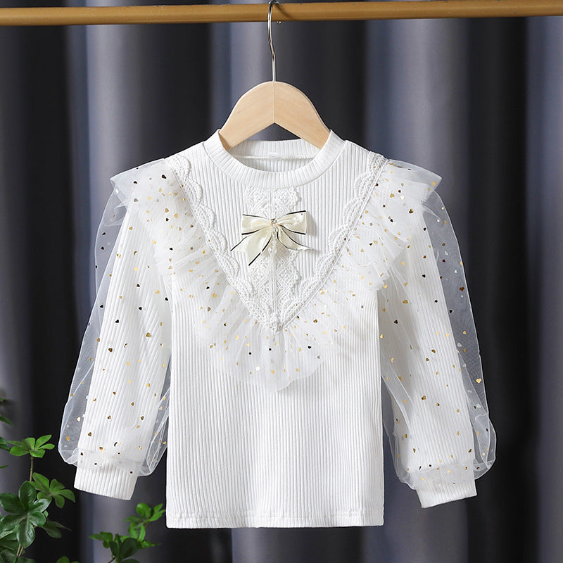 Girl long sleeve shirt with decorative tulle sleeves and lace applications Mune Fashion