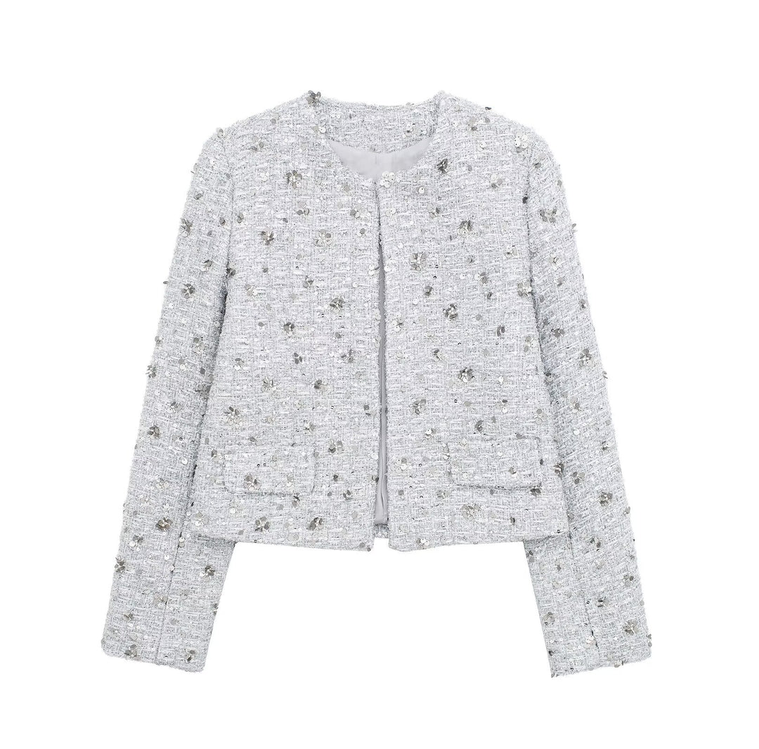 Women's short-cut Boucle Tweed jacket with floral sequin appliqué and open front Mune Fashion