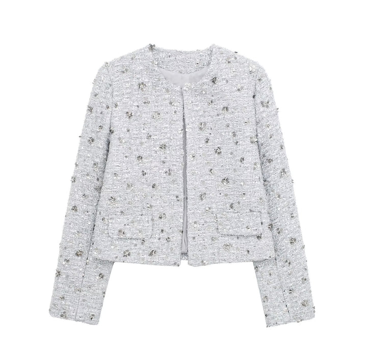 Women's short-cut Boucle Tweed jacket with floral sequin appliqué and open front Mune Fashion