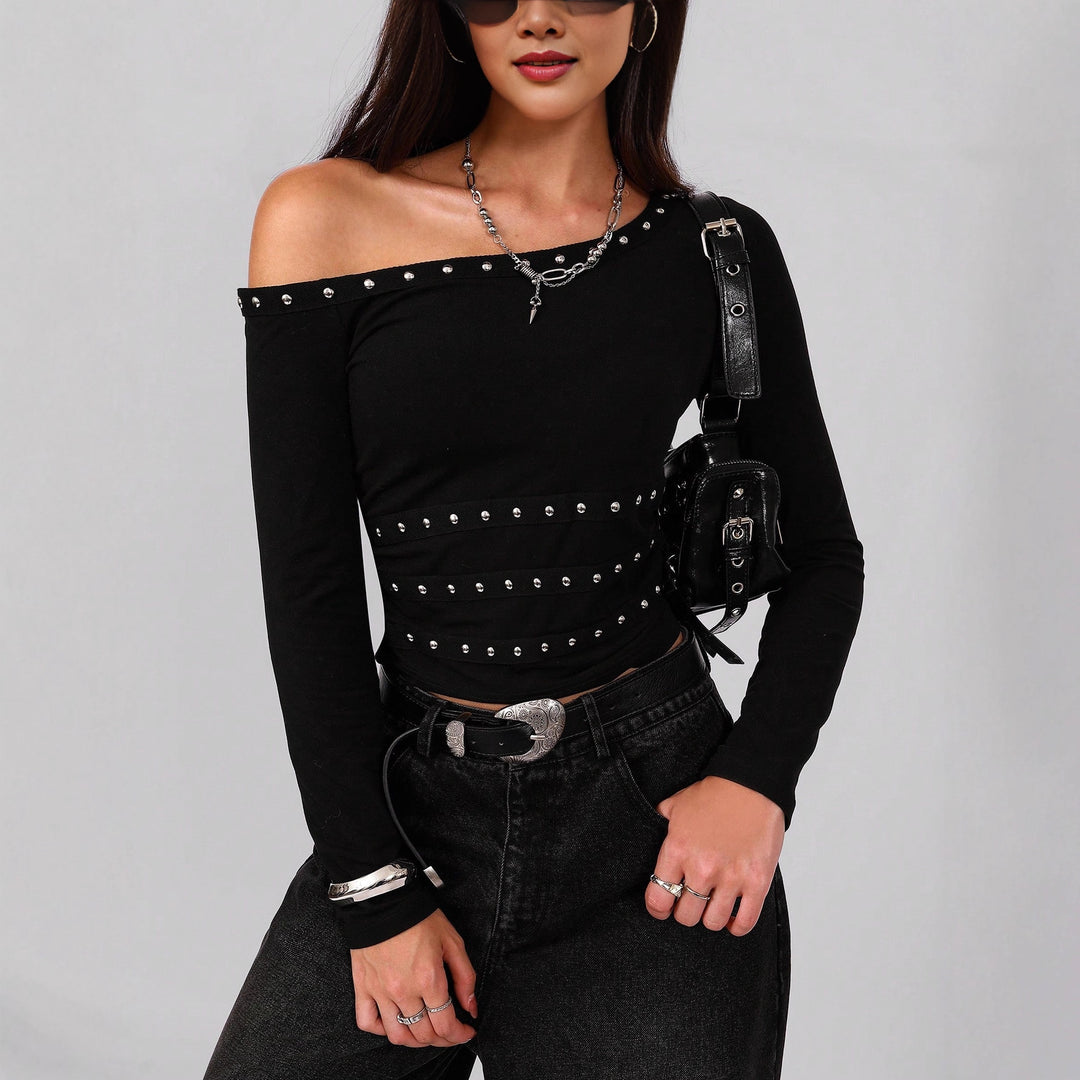 Women's asymmetrical off-shoulder long sleeve shirt with studded trim and fitted cut Mune Fashion