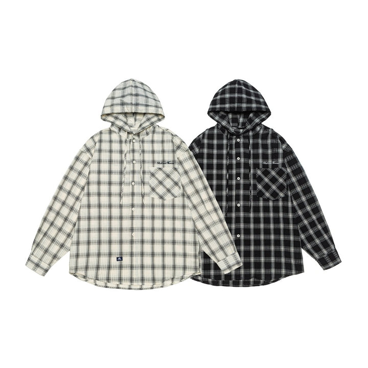 Unisex Hooded Overshirt in Checkered Flannel Look with Chest Pocket and Button Placket Mune Fashion