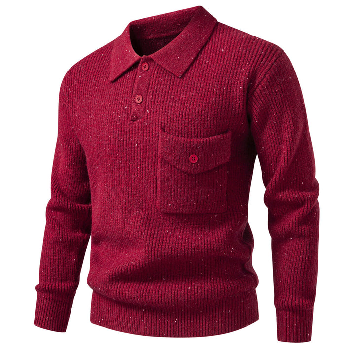 Men's ribbed knit polo collar sweater with patch chest pocket Mune Fashion