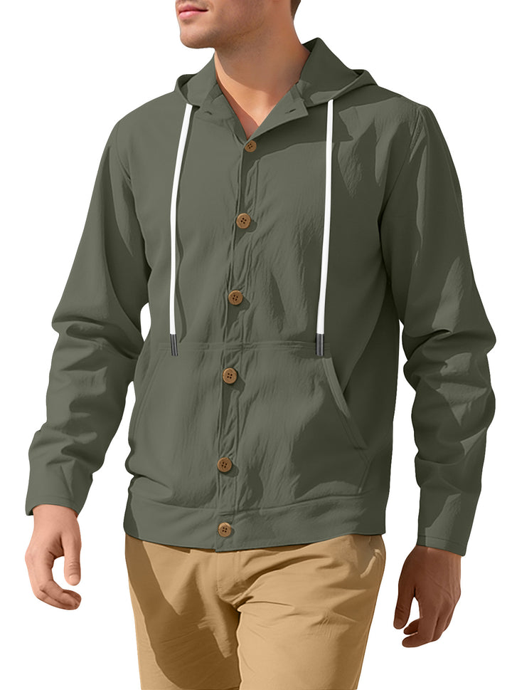 Men's lightweight hoodie jacket with button placket, kangaroo pocket, and drawstring Mune Fashion