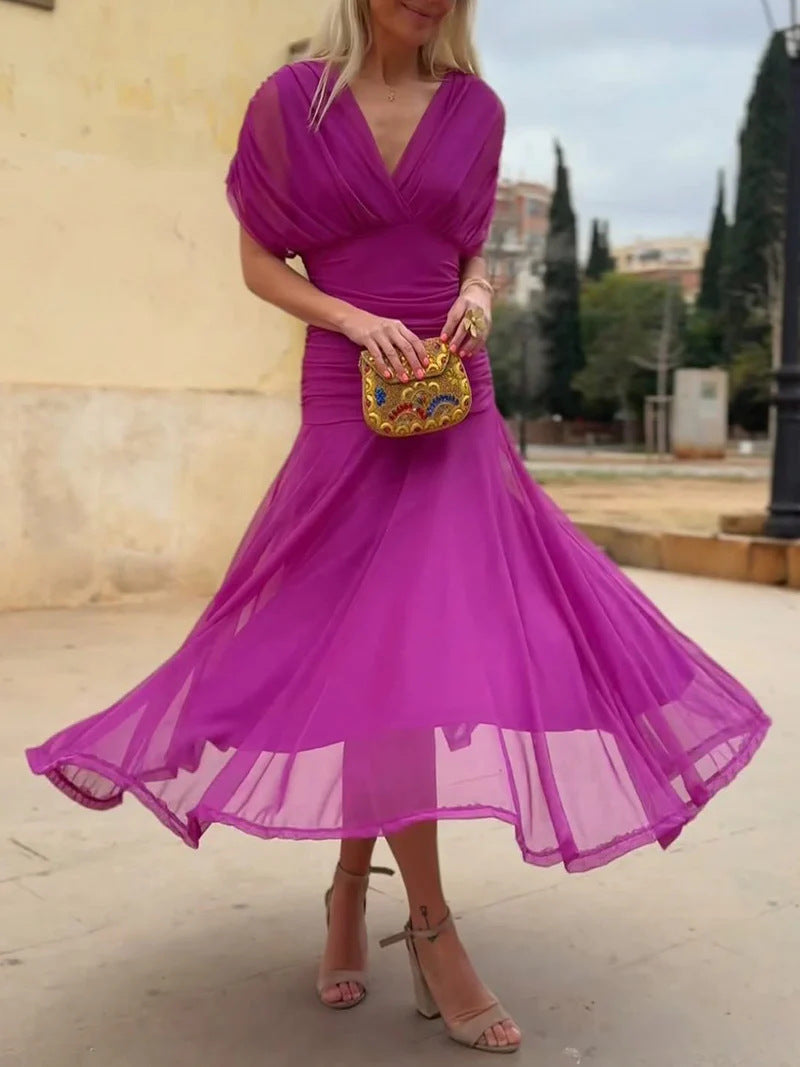 Women nan flowing evening dress with transparent chiffon capelet, V-neck and tailored draping Mune Fashion