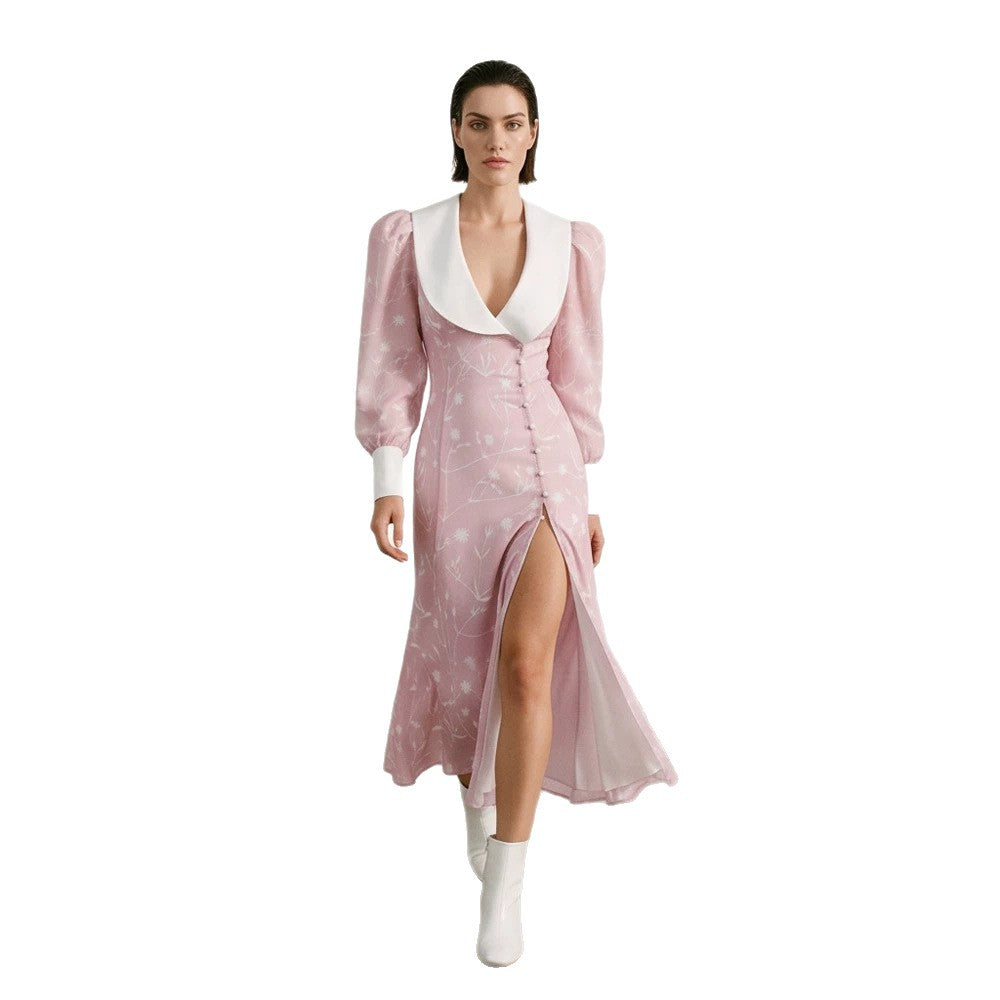 Women's midi dress with deep shawl collar, puff sleeves, and side slit Mune Fashion