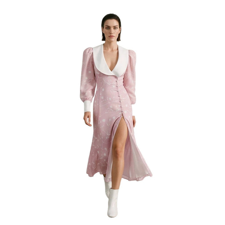 Women's midi dress with deep shawl collar, puff sleeves, and side slit Mune Fashion