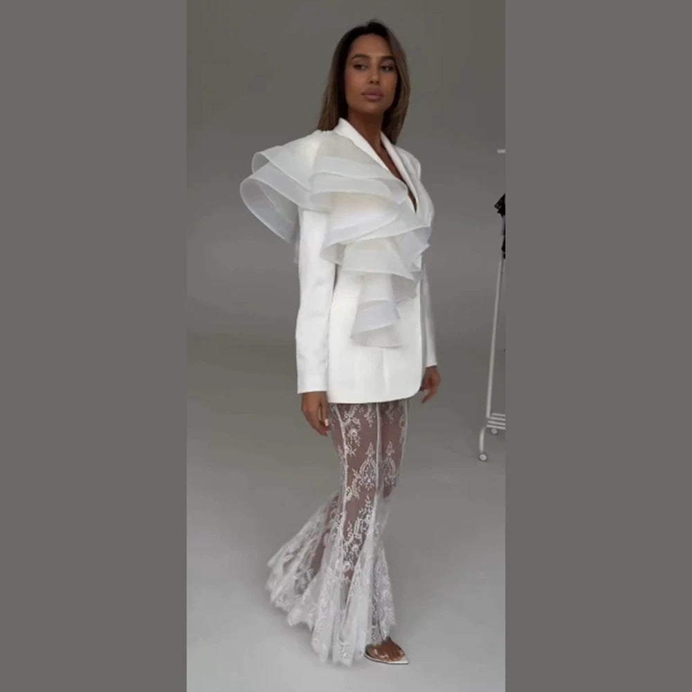Women's tailored blazer with asymmetrical organza ruffle Mune Fashion