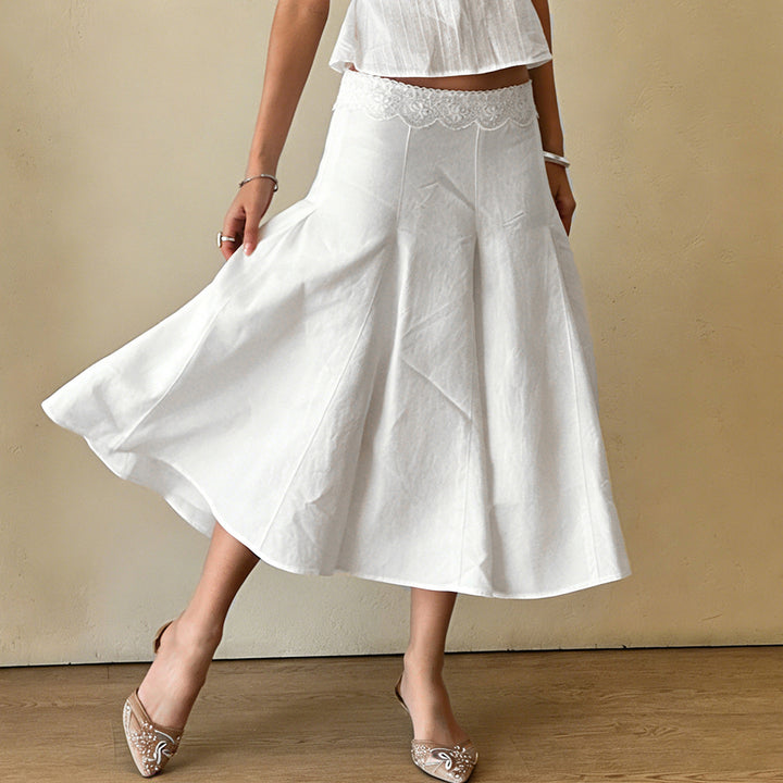 Women's midi skirt with high stretch lace waistband, flared godet panels and tailored darts Mune Fashion