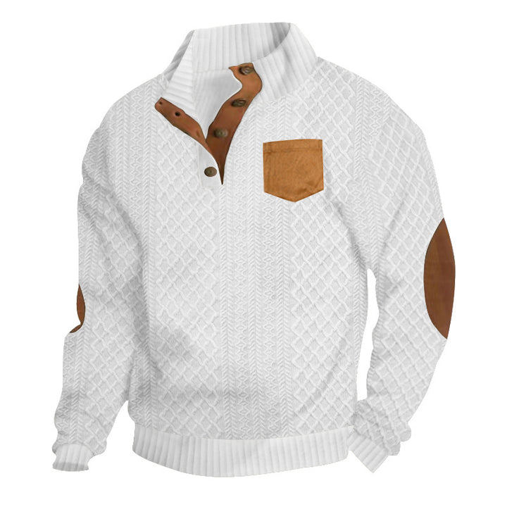 Men's Structured Cable Knit Sweatshirt with Half Button Placket, Faux Leather Patch Pocket & Elbow Patches Mune Fashion