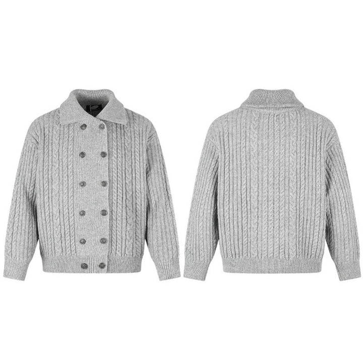 Women's Double-Breasted Cable Knit Cardigan with Shirt Collar and Ribbed Cuffs Mune Fashion
