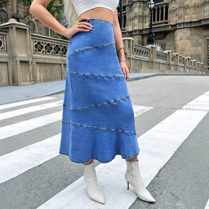 Women's waist-accentuating denim midi skirt with wave-shaped decorative seams and flared hem Mune Fashion