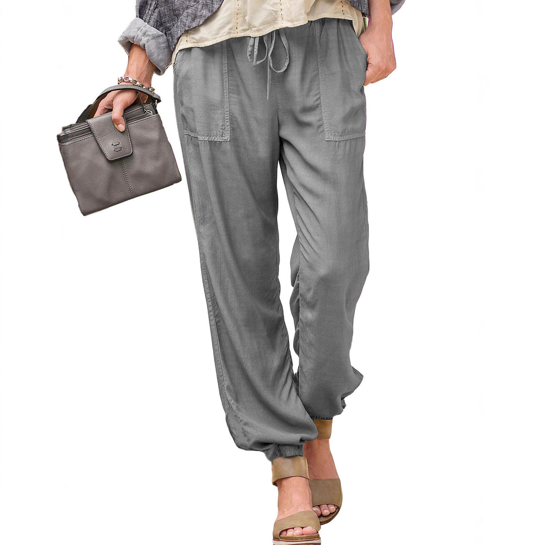 Women casual linen look jogging pants with drawstring, patch pockets and elastic cuffs Mune Fashion