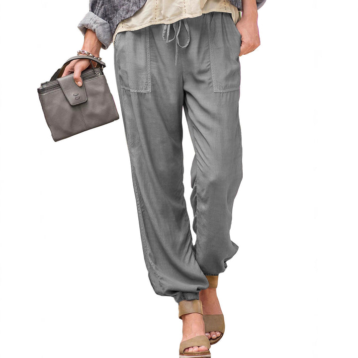Women casual linen look jogging pants with drawstring, patch pockets and elastic cuffs Mune Fashion
