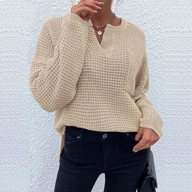 Women's Waffle Knit Sweater with V-Slit, Oversized Cut and Balloon Sleeves Mune Fashion