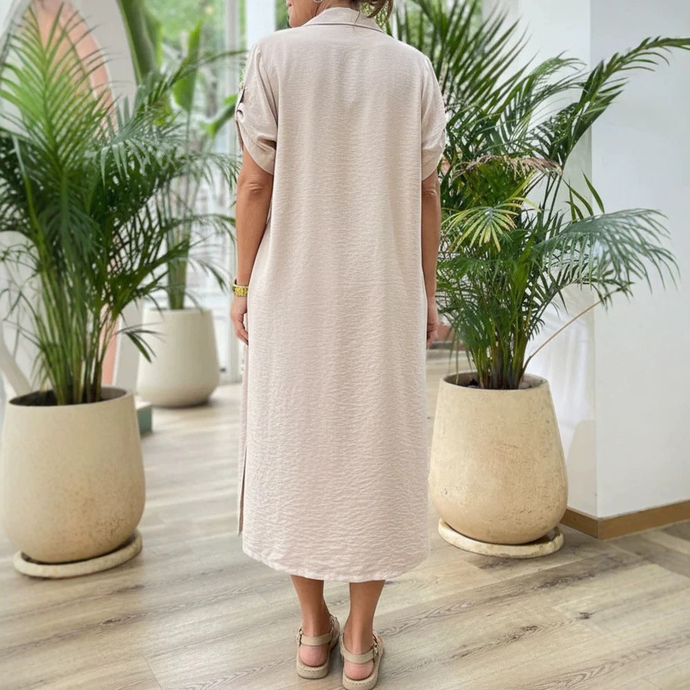 Women Two-Piece Linen Look Set with Long Duster Coat and Elastic High-Waist Shorts Drune
