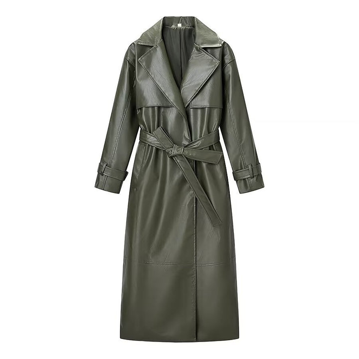 Ladies Maxi Long Oversized Coat in Leather Look with Distinctive Shoulders Mune Fashion