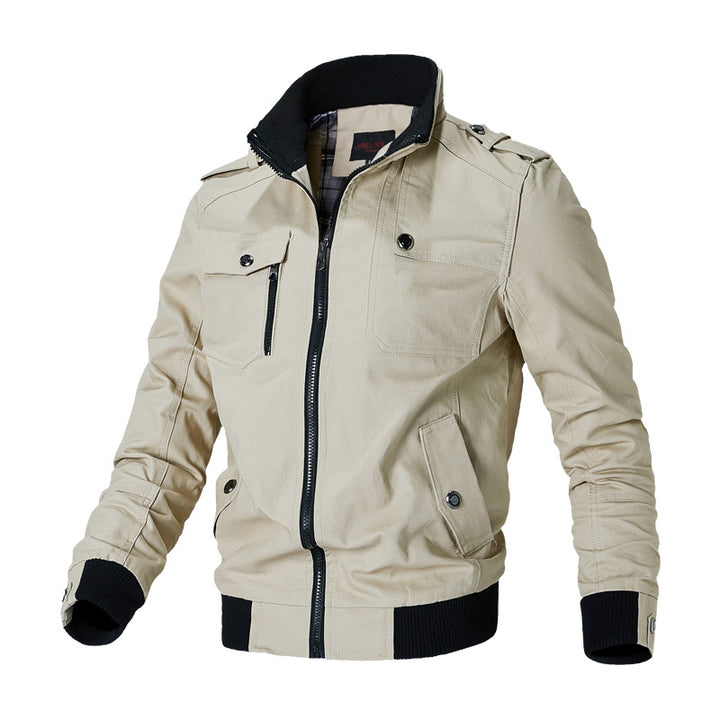 Men's sporty bomber field jacket with shoulder flaps, concealed zip placket and ribbed cuffs.