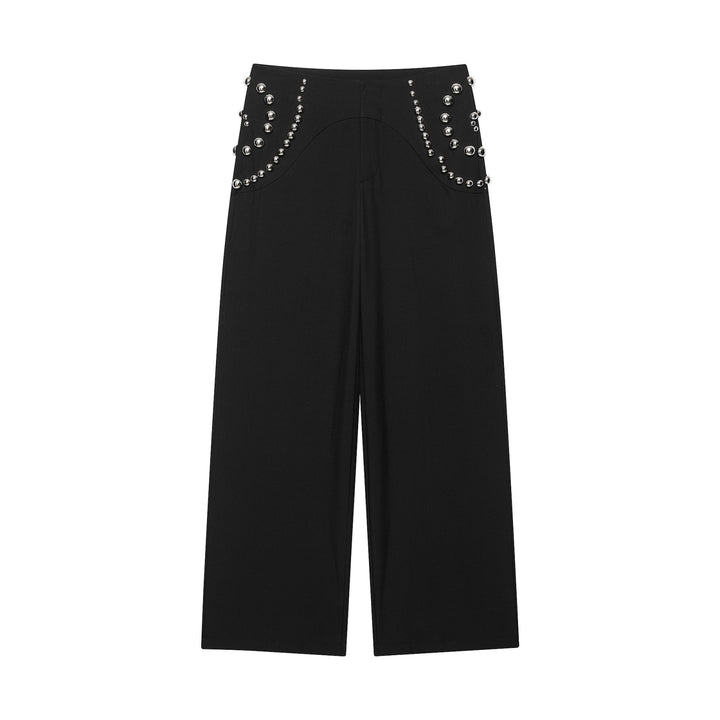 Women's Wide High Waist Pants with Stud Accents and Decorative Pearls Mune Fashion
