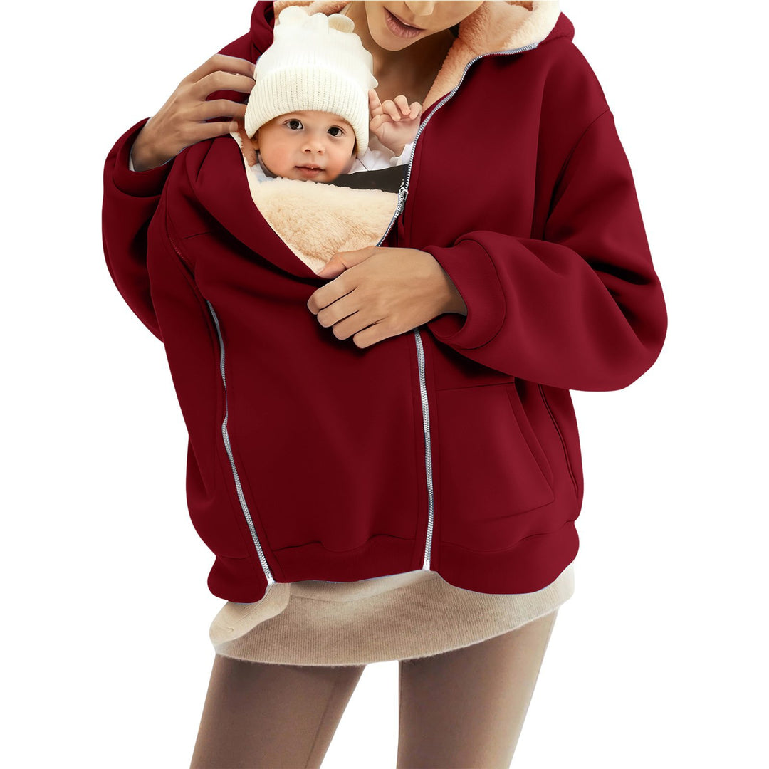 Women nan baby carrier hoodie with teddy lining and two-way zipper Mune Fashion