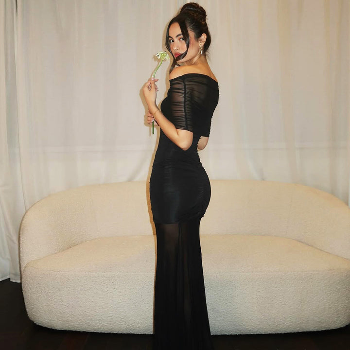 Women's off-the-shoulder evening dress with figure-hugging jersey underdress and sheer chiffon overlay Mune Fashion