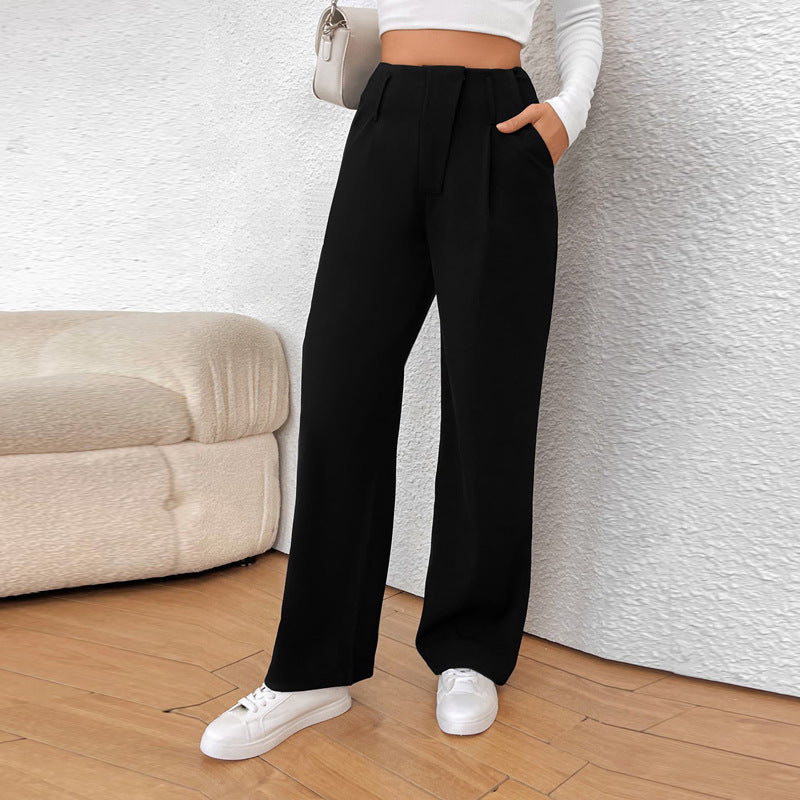 Women's Wide High-Waist Fabric Trousers with Creases and Pleats