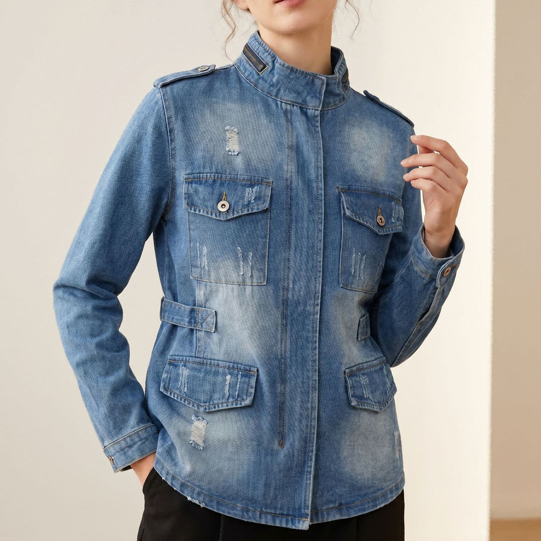 Women's tailored military denim jacket with stand-up collar, flap pockets and subtle used details Mune Fashion