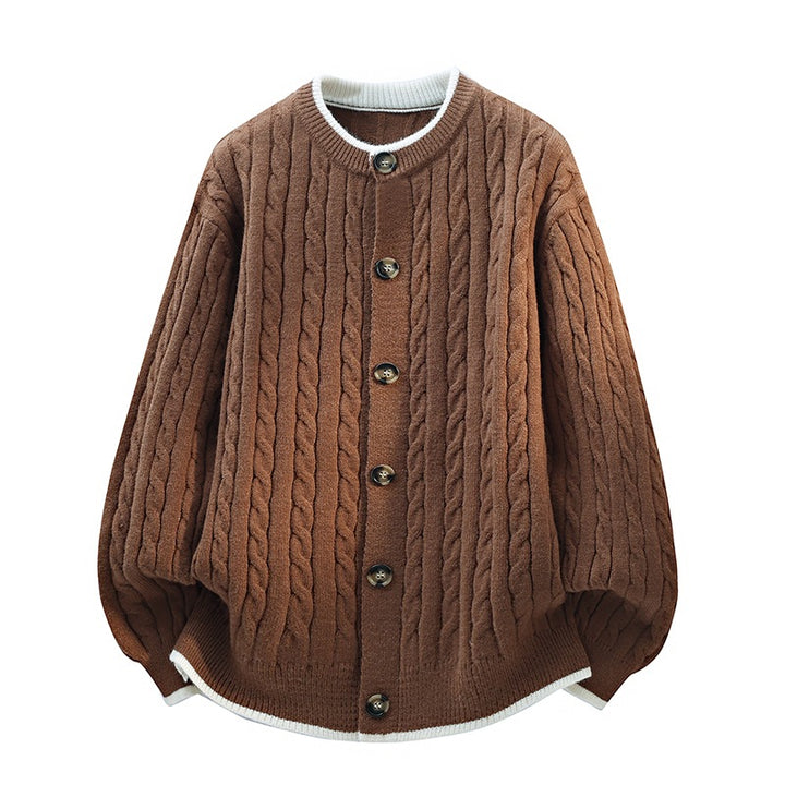 Women Oversize Cable Knit Cardigan with Round Neck, Wooden Button Placket & Contrast Trim Mune Fashion