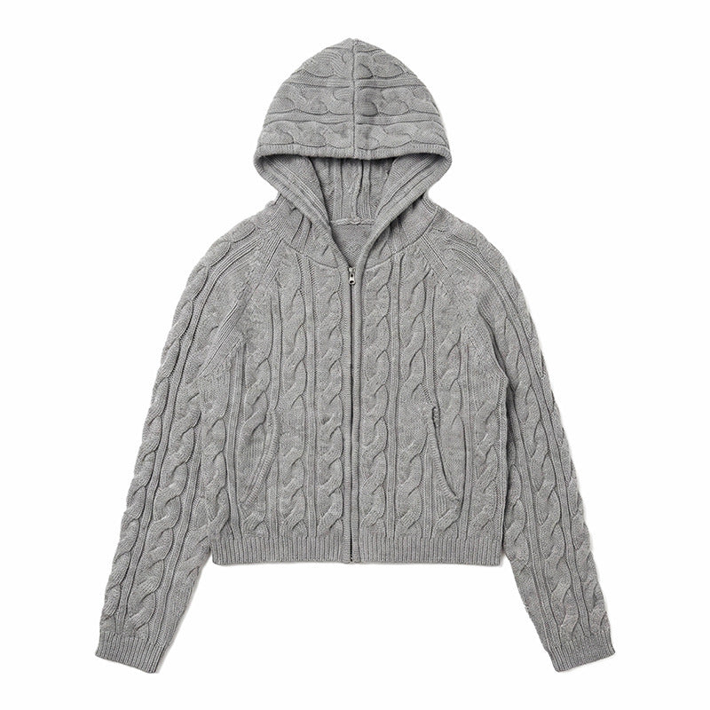 Women Hooded Braid Knit Cardigan with Zipper and Raglan Sleeves Mune Fashion