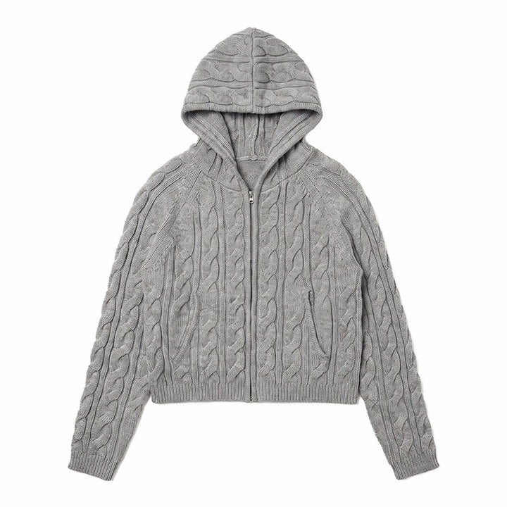 Women Hooded Braid Knit Cardigan with Zipper and Raglan Sleeves Mune Fashion