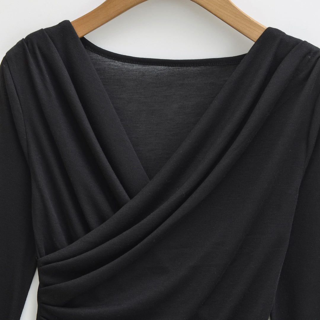 Women's Draped Long Sleeve with V-Neck and Side Gathering Mune Fashion