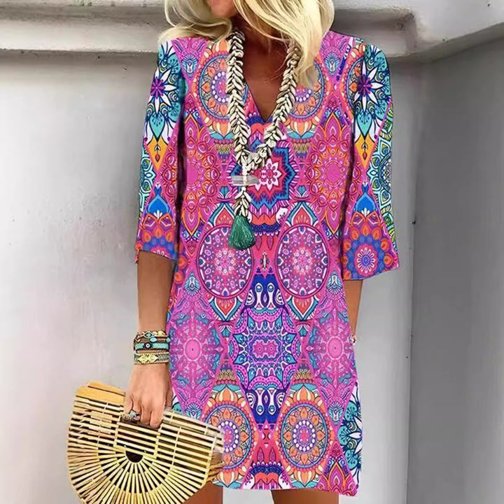 Women's short Boho beach dress in mandala print with V-neck, three-quarter sleeves, and casual A-line Mune Fashion