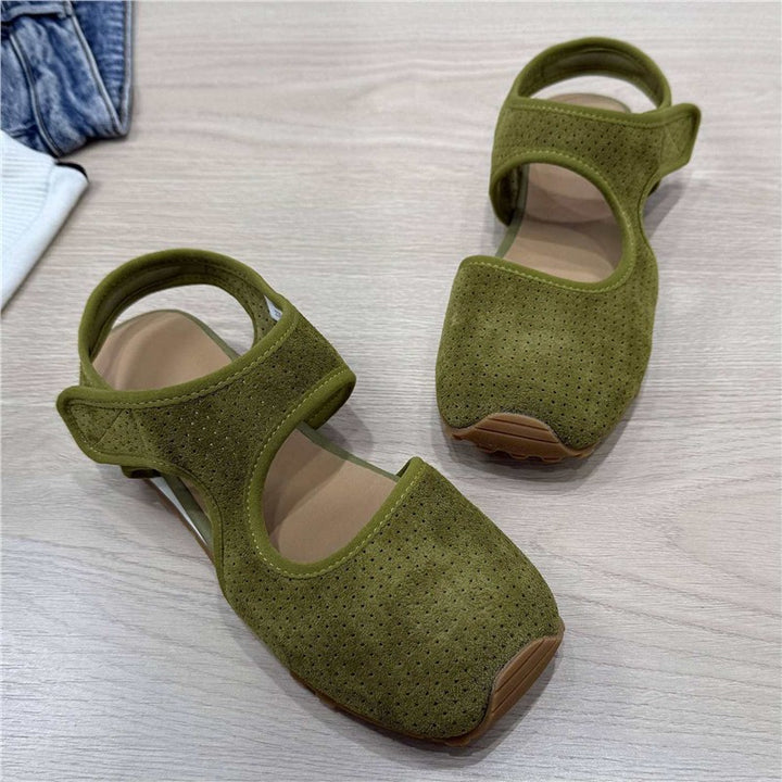 Ladies Perforated Suede Sandals with Closed Toe Cap, Velcro Fastener and Ergonomic Profile Sole Mune Fashion