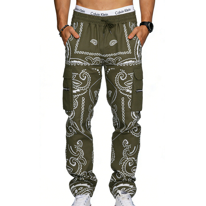 Men's cargo pants with bandana print, elastic waistband, and zipper pockets Mune Fashion