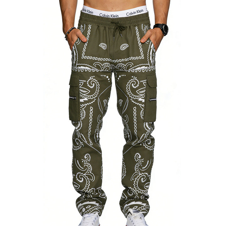 Men's cargo pants with bandana print, elastic waistband, and zipper pockets Mune Fashion