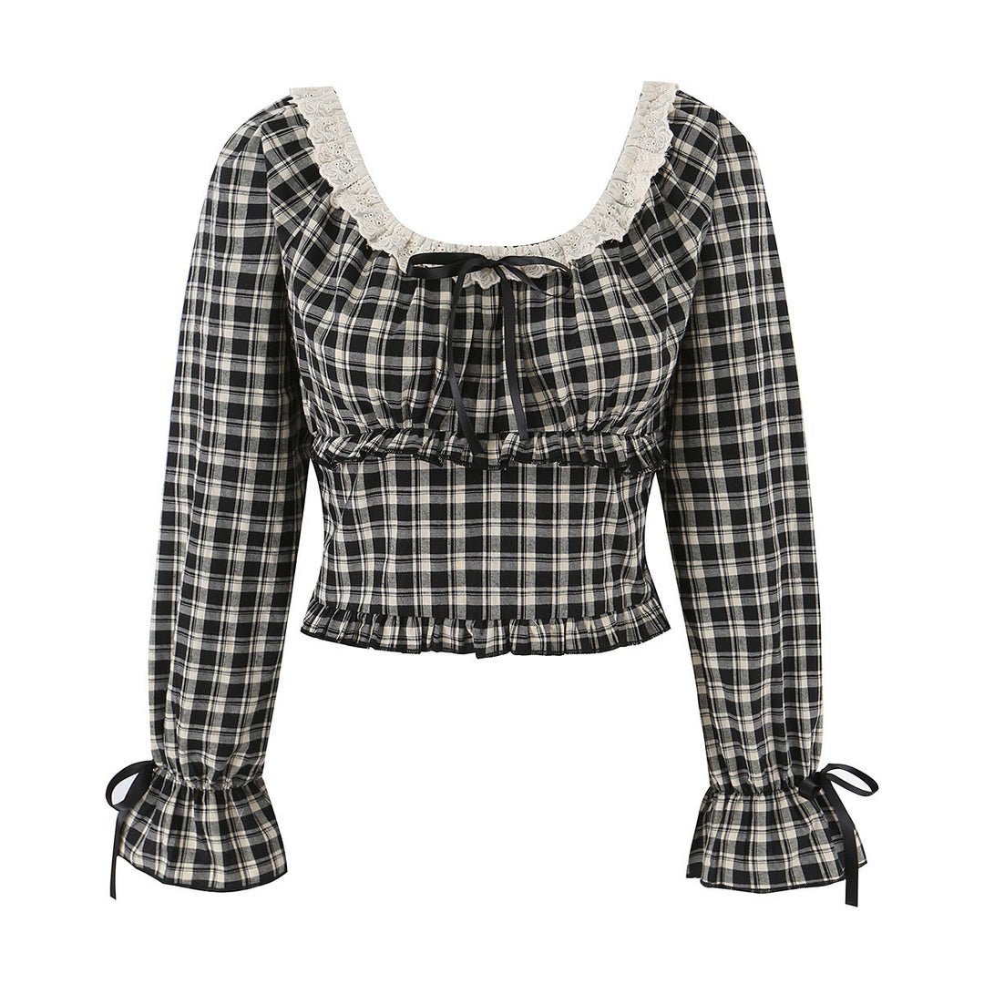 Women Checked Cropped Blouse with Square Neck, Lace Trim and Gathered Waist Mune Fashion