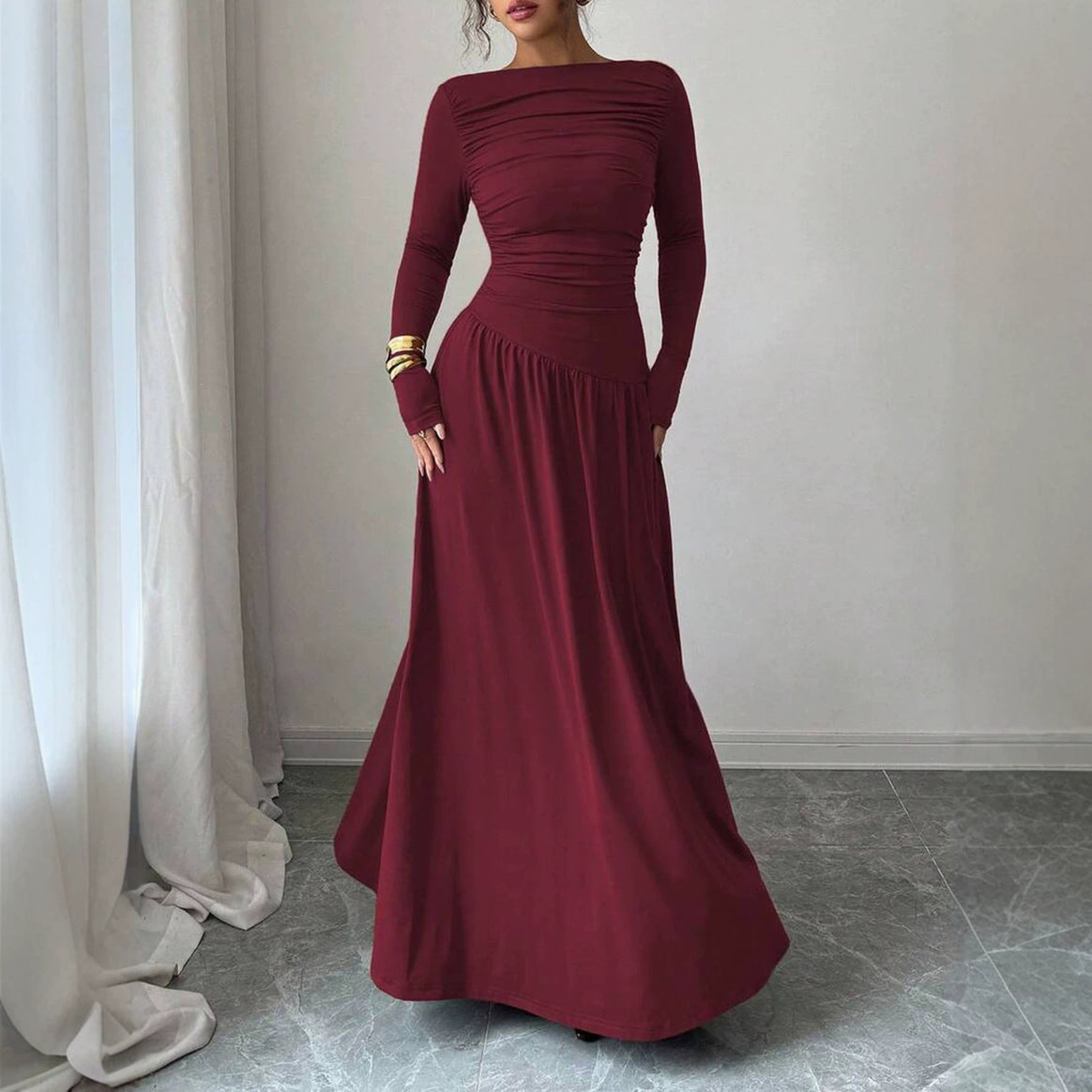Ladies Maxi Dress with Ruched Bodice, Fitted Waist and Long Sleeve Mune Fashion