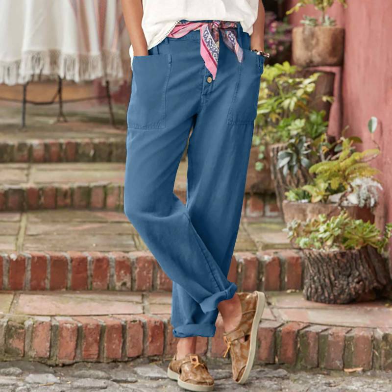 Women's linen-cotton lounge pants with wide cut, high waistband, and patch pockets Mune Fashion