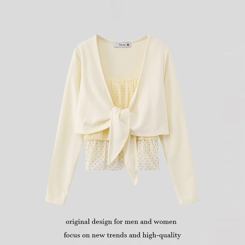 Women's Two-Piece Long Sleeve Top with Knot Front and Delicate Chiffon Under Top Mune Fashion