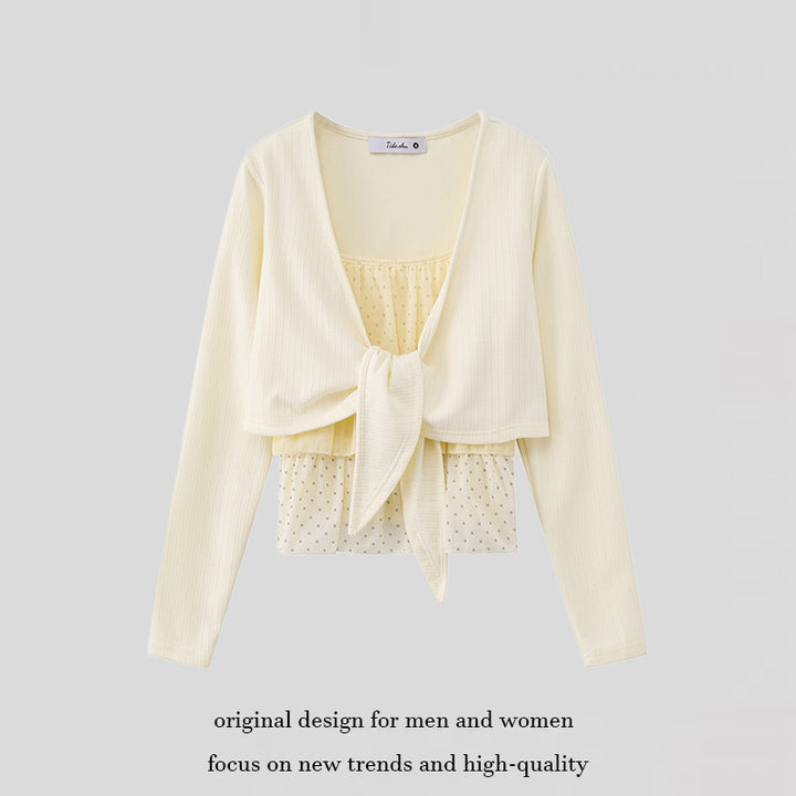 Women's Two-Piece Long Sleeve Top with Knot Front and Delicate Chiffon Under Top Mune Fashion