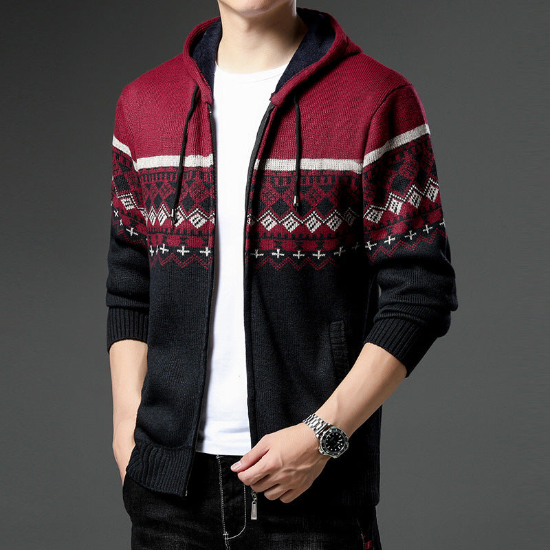 Men's Knit Zip Hoodie with Norwegian Pattern, Hood and Side Pockets Mune Fashion