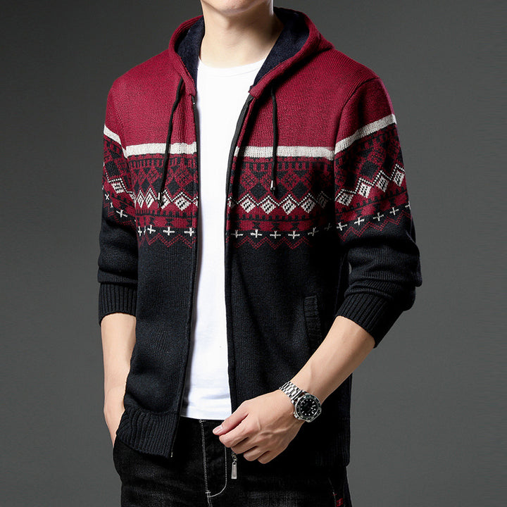 Men's Knit Zip Hoodie with Norwegian Pattern, Hood and Side Pockets Mune Fashion