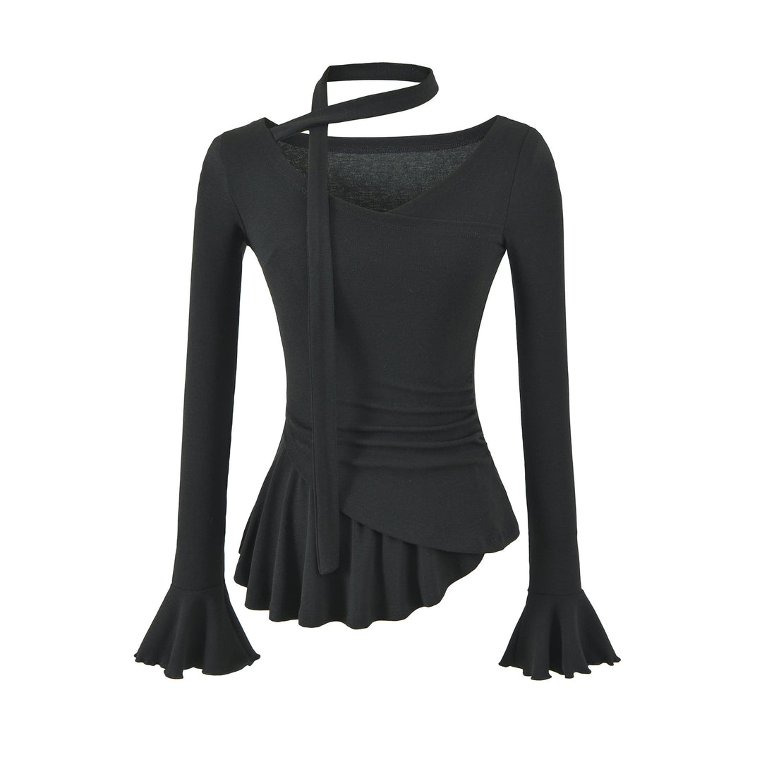 Women's asymmetrical fitted long sleeve top with wrap scarf, flared bell sleeves, and tiered peplum Mune Fashion
