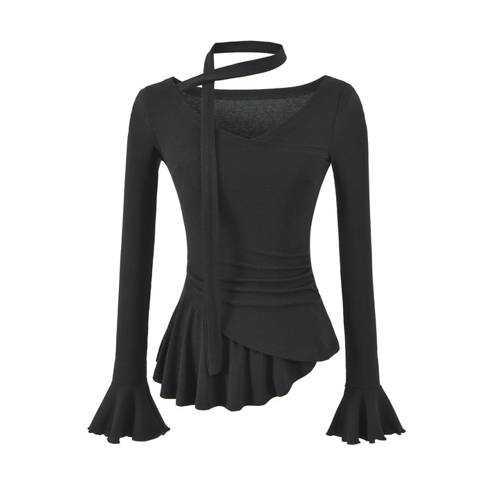 Women's asymmetrical fitted long sleeve top with wrap scarf, flared bell sleeves, and tiered peplum Mune Fashion