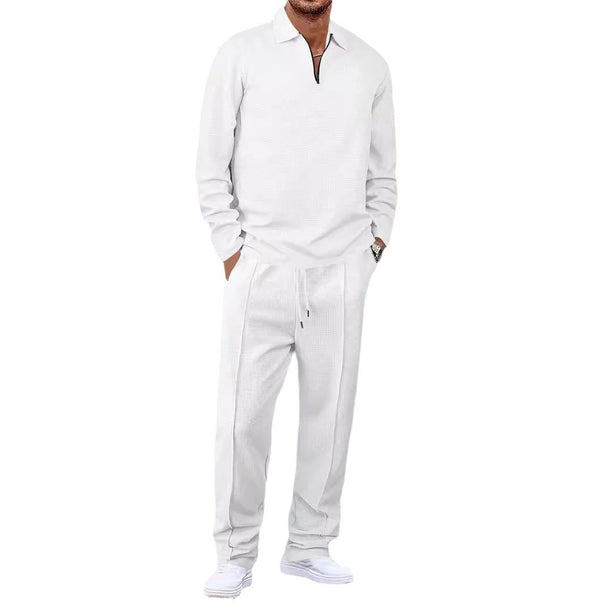 Men's waffle texture loungewear and leisure set with half-zip polo collar and drawstring waistband Mune Fashion