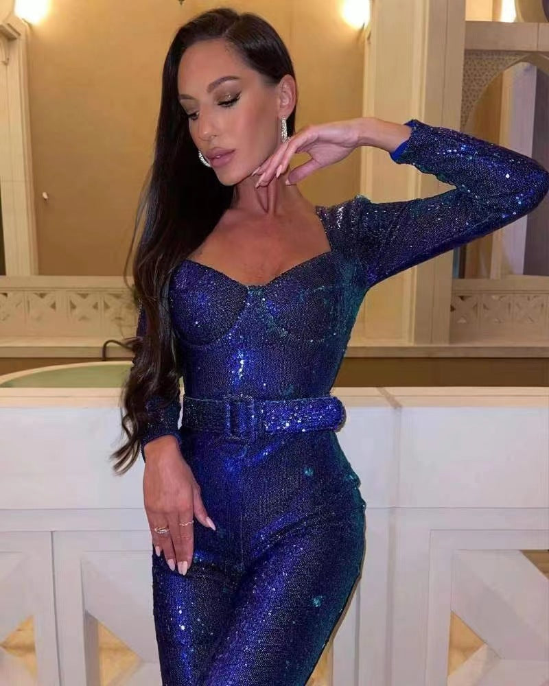 Ladies Glamorous Sequin Jumpsuit with Chic Waistline Mune
