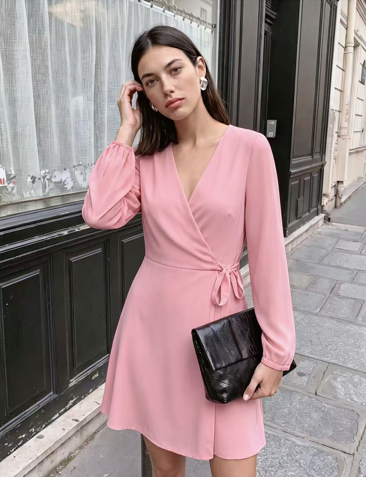Ladies Elegant Wrap Mini Dress with Deep V-Neck and Long Sleeves Mune Fashion