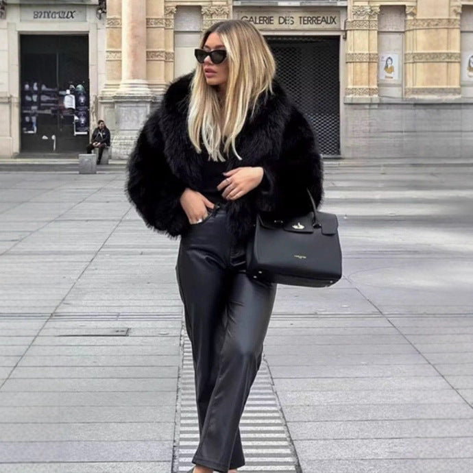 Women Short Cropped Faux Fur Blouson with Voluminous Shawl Collar and Soft Inner Lining Mune Fashion